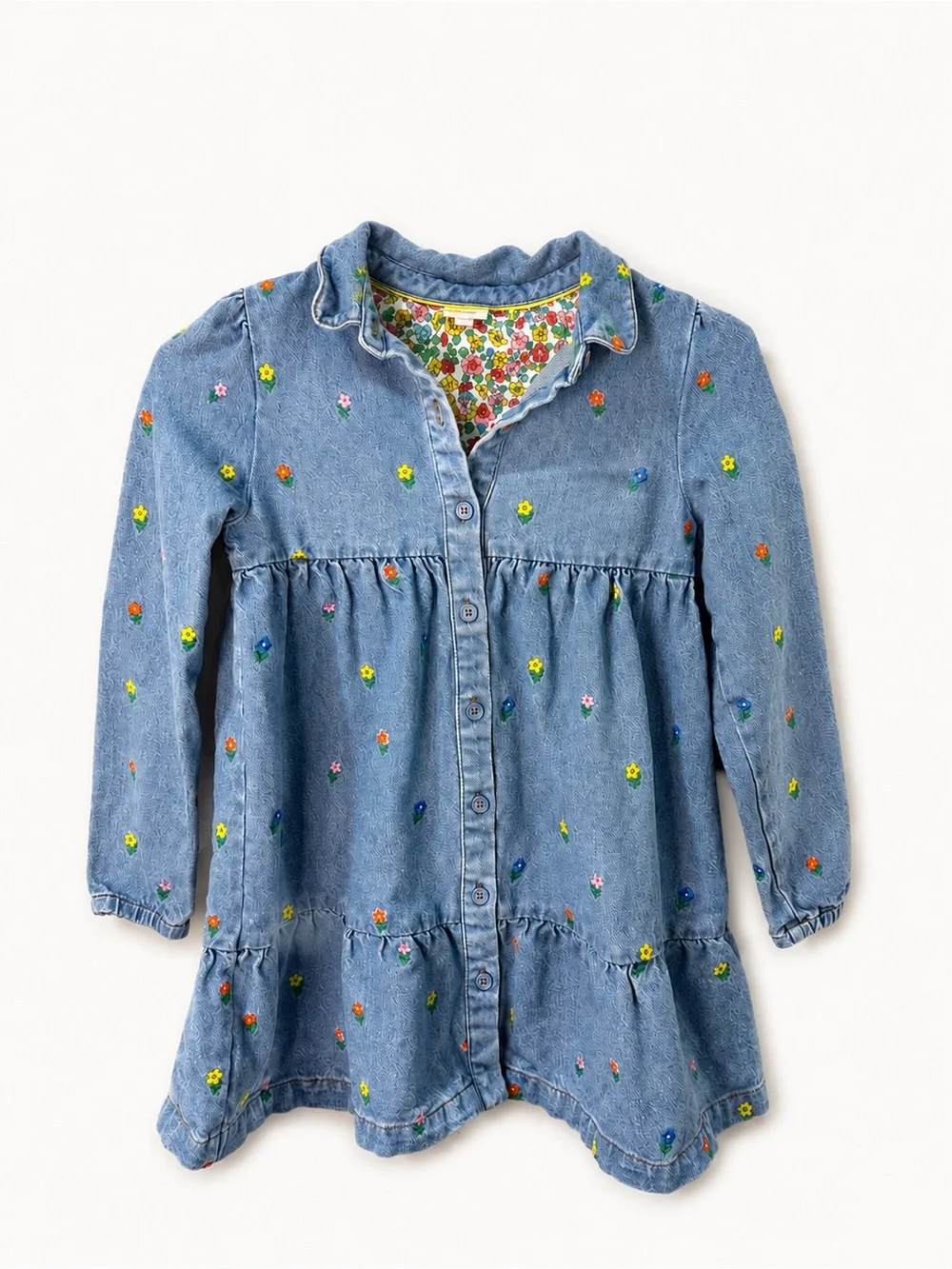 Mini Boden Blue Denim Dress with Multicolor Floral Embroidery
